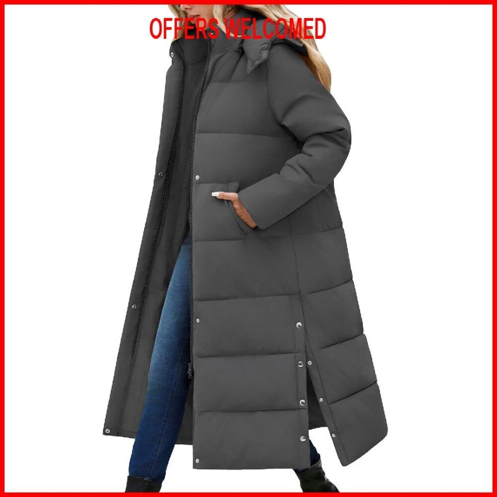 Long Puffer Down Coat Thickened Quilted Zip Parka Removable Hood Winter